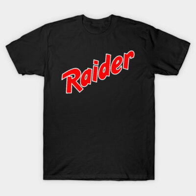Black cotton t-shirt with bold red "Raider" text, casual style, unisex design, perfect for everyday wear.