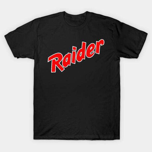 Black cotton t-shirt with bold red "Raider" text, casual style, unisex design, perfect for everyday wear.