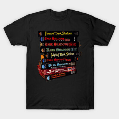 Black T-shirt featuring colorful stacked book designs, perfect for casual wear, cotton material, literary theme.