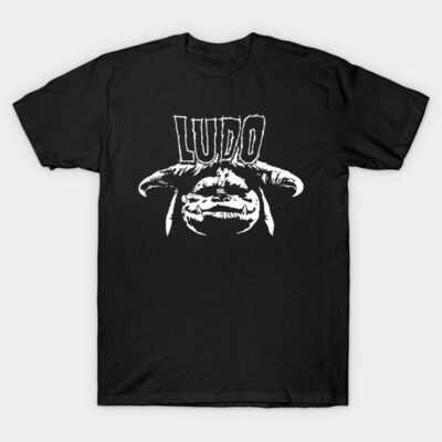 Black graphic tee with white "Ludo" text and monster design, casual style, 100% cotton, unisex, perfect for everyday wear.