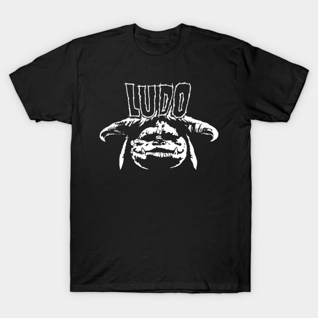Black graphic tee with white "Ludo" text and monster design, casual style, 100% cotton, unisex, perfect for everyday wear.