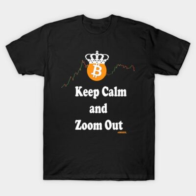 Black Bitcoin-themed T-shirt with "Keep Calm and Zoom Out" slogan, ideal for cryptocurrency enthusiasts.