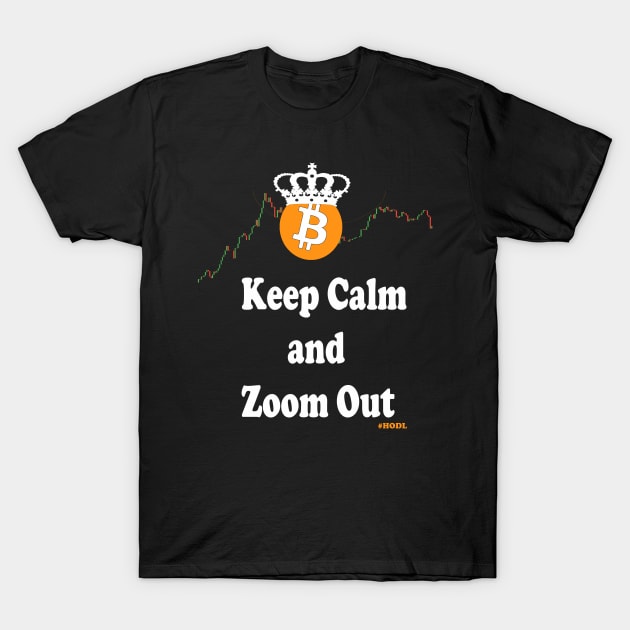 Black Bitcoin-themed T-shirt with "Keep Calm and Zoom Out" slogan, ideal for cryptocurrency enthusiasts.