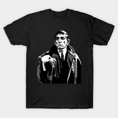 Black graphic t-shirt featuring a vintage-style illustration, ideal for casual wear. Cotton material for comfort.