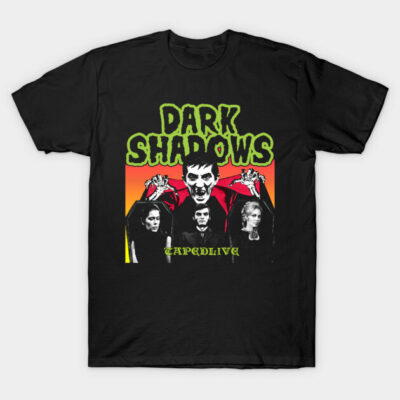 Black graphic t-shirt featuring bold "Dark Shadows" design, perfect for fans of retro style and horror themes.
