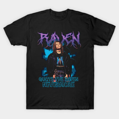 Black graphic t-shirt with "Raven" text and artistic design, casual wear, cotton material, unisex style.