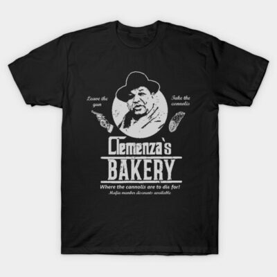 Black t-shirt with bakery-themed graphic, featuring bold text and vintage style, ideal for casual wear.