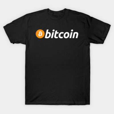 Black cotton t-shirt with white "bitcoin" text and orange logo, casual style for cryptocurrency enthusiasts.