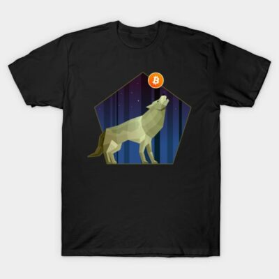 Black t-shirt with geometric wolf and Bitcoin design, ideal for casual wear, made from soft cotton material.