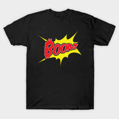 Black cotton t-shirt with colorful comic-style "Boom" graphic design, casual wear, unisex.