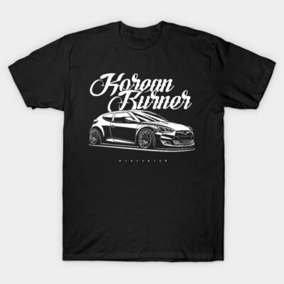 Black graphic t-shirt featuring a stylish car illustration with "Korean Burner" text, casual wear, cotton material.