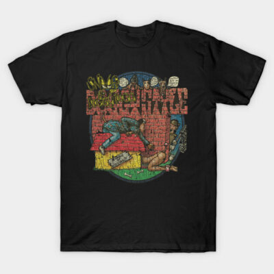 Black graphic t-shirt featuring colorful retro design, casual style, ideal for everyday wear, made from cotton blend.