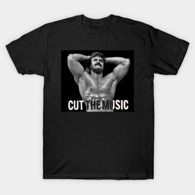 Black graphic t-shirt with "Cut the Music" text, featuring a bodybuilding pose, casual wear, cotton material.