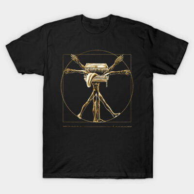 Black graphic t-shirt with gold fantasy creature design, ideal for casual wear, made from soft cotton material.
