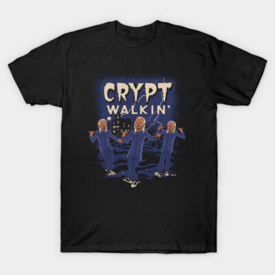 Black "Crypt Walkin'" graphic t-shirt featuring horror-themed design, perfect for casual wear and Halloween events.