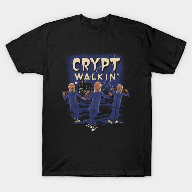 Black "Crypt Walkin'" graphic t-shirt featuring horror-themed design, perfect for casual wear and Halloween events.