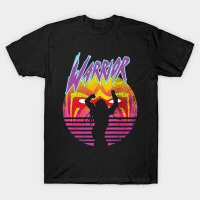 Black graphic t-shirt with "Warrior" text, featuring a colorful retro design and silhouette. Ideal for casual wear.