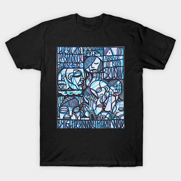 Black T-shirt with abstract blue and white geometric design, perfect for casual wear, made from soft cotton.