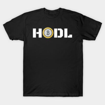 Black "HODL" t-shirt with Bitcoin logo, casual style, cotton material, perfect for cryptocurrency enthusiasts.