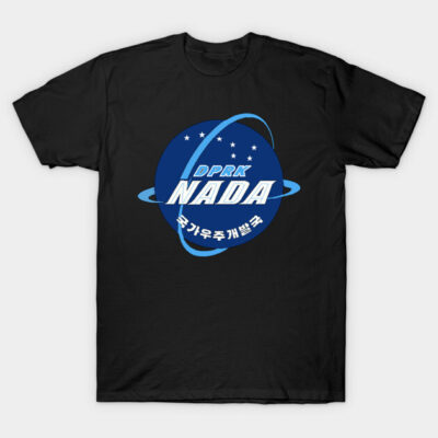 Black T-shirt with blue space-themed graphic design, casual wear, 100% cotton, ideal for everyday use.