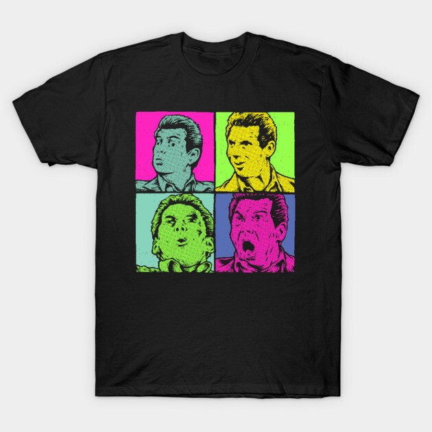 Black t-shirt with colorful pop art design featuring expressive faces, casual wear, cotton material.