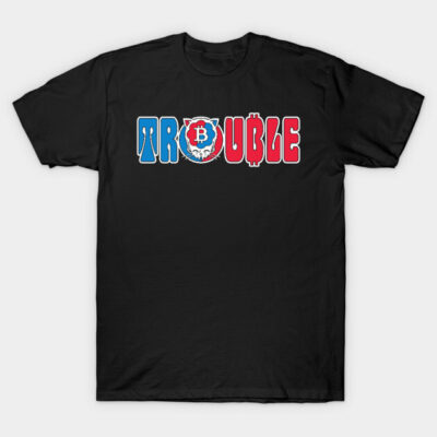 Black cotton T-shirt with colorful "Trouble" graphic design, casual style, ideal for everyday wear.