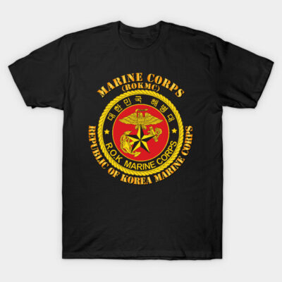 Black T-shirt with Republic of Korea Marine Corps emblem, featuring red and yellow design, casual wear, cotton material.