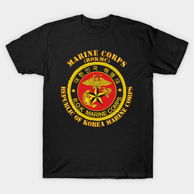 Black T-shirt with Republic of Korea Marine Corps emblem, featuring red and yellow design, casual wear, cotton material.