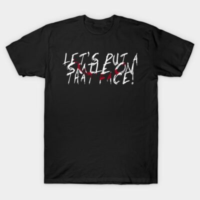Black graphic t-shirt with white and red text design, casual style, cotton material, perfect for everyday wear.