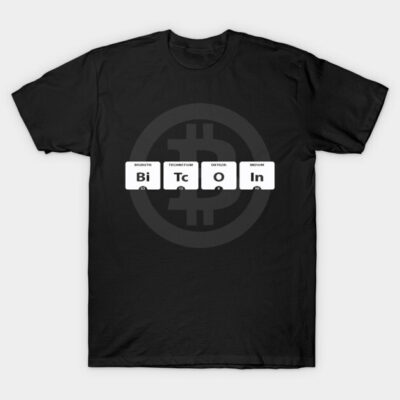 Black Bitcoin T-shirt with periodic table design, casual style, cotton material, ideal for cryptocurrency enthusiasts.