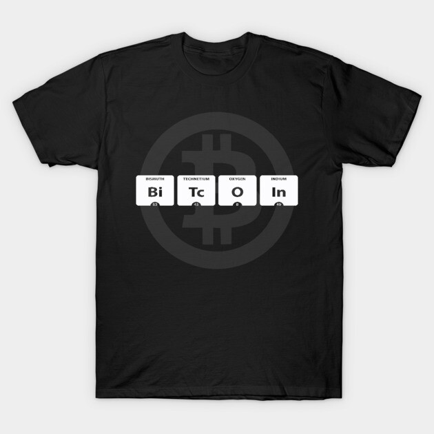 Black Bitcoin T-shirt with periodic table design, casual style, cotton material, ideal for cryptocurrency enthusiasts.