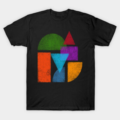 Black T-shirt featuring colorful abstract geometric shapes, perfect for casual wear.