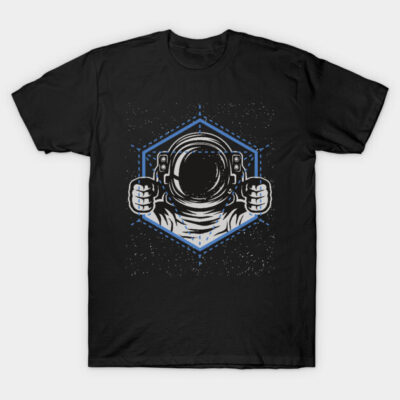 Black t-shirt featuring an astronaut in a hexagon design, perfect for casual wear, made from soft cotton fabric.