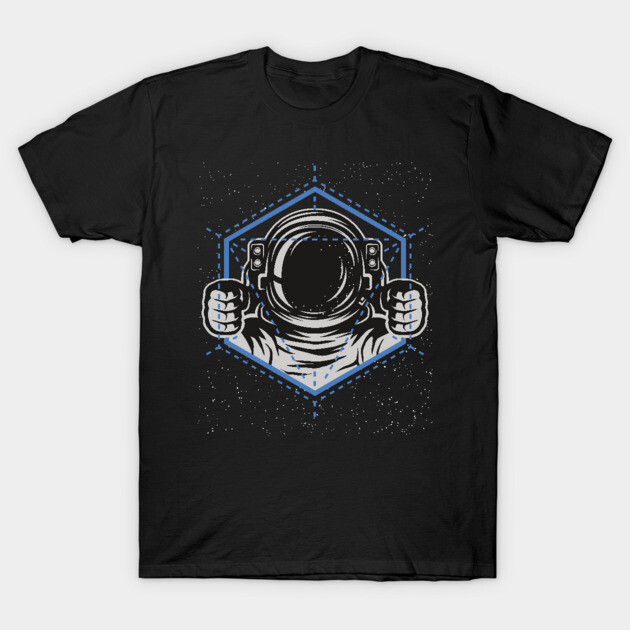 Black t-shirt featuring an astronaut in a hexagon design, perfect for casual wear, made from soft cotton fabric.