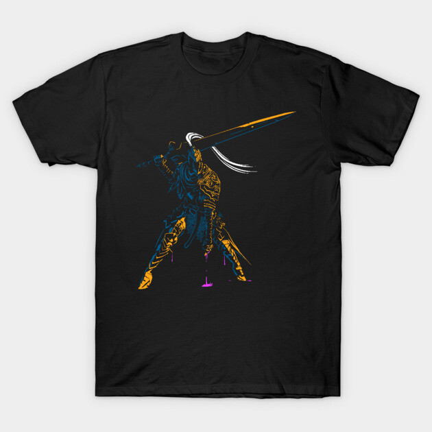 Black t-shirt featuring a colorful warrior design with sword, ideal for casual wear, made from soft cotton material.