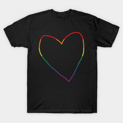 Black t-shirt with rainbow outline heart design, casual style, cotton material, perfect for everyday wear.