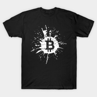 Black t-shirt with white Bitcoin splatter design, casual style, 100% cotton, ideal for cryptocurrency enthusiasts.