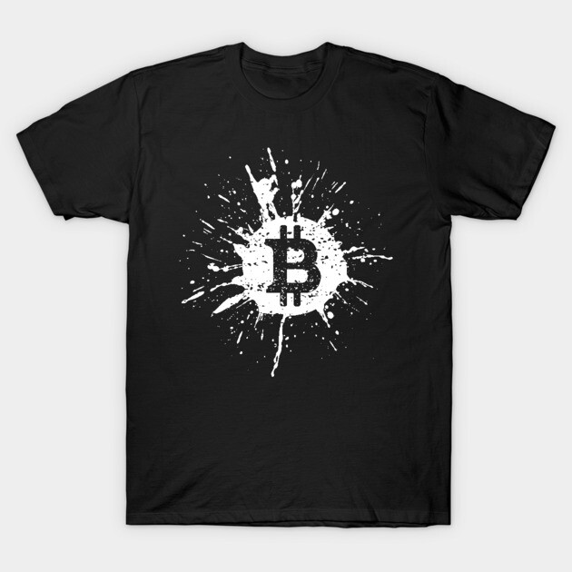 Black t-shirt with white Bitcoin splatter design, casual style, 100% cotton, ideal for cryptocurrency enthusiasts.