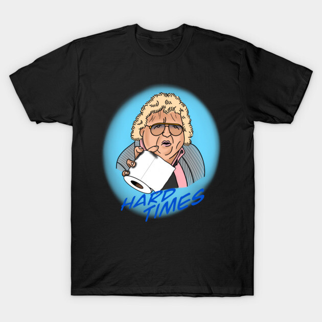 Black graphic t-shirt with humorous illustration and "Hard Times" text, casual wear, cotton material.