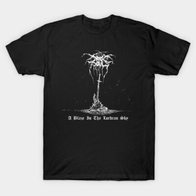 Black graphic T-shirt with white artistic design and text, casual wear, 100% cotton, unisex style.