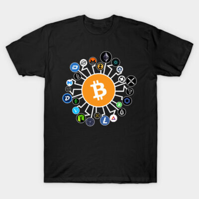 Black Bitcoin-themed t-shirt featuring colorful cryptocurrency logos in a circular pattern, perfect for crypto enthusiasts.