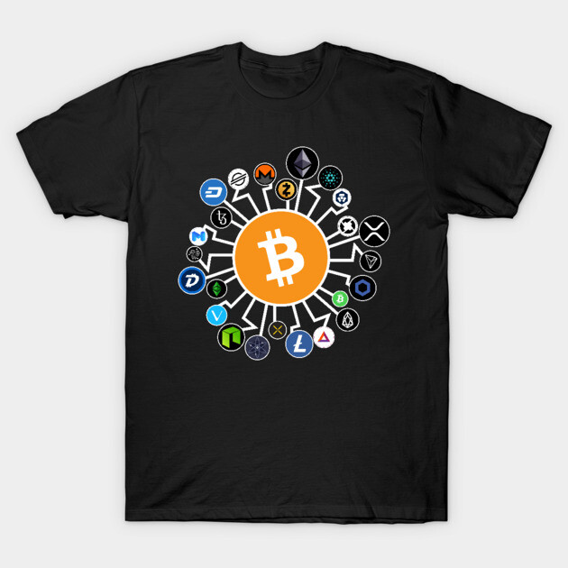 Black Bitcoin-themed t-shirt featuring colorful cryptocurrency logos in a circular pattern, perfect for crypto enthusiasts.
