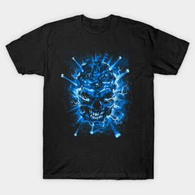 Black cotton t-shirt featuring a blue electric skull design, ideal for casual wear and gifting.