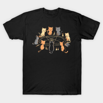 Black T-shirt with cute cats around a mystical table design, casual style, comfortable cotton fabric.