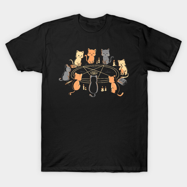 Black T-shirt with cute cats around a mystical table design, casual style, comfortable cotton fabric.