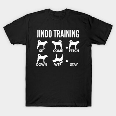 Black Jindo Training T-shirt, humorous dog commands print, casual cotton wear, unisex style, perfect for dog lovers.