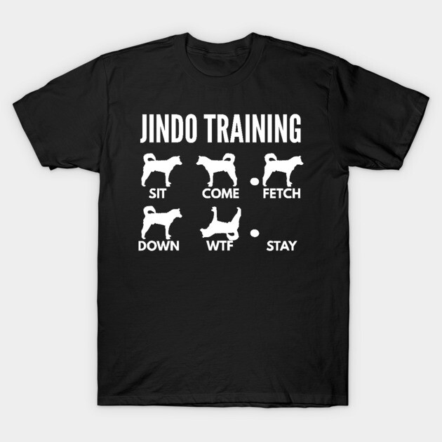 Black Jindo Training T-shirt, humorous dog commands print, casual cotton wear, unisex style, perfect for dog lovers.