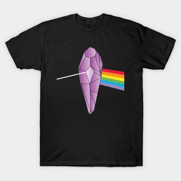 Black t-shirt with geometric purple crystal and rainbow prism design, perfect for casual wear and self-expression.