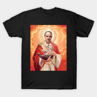 Black T-shirt with artistic print of a man holding a cat, featuring vibrant red and orange tones. Casual wear.