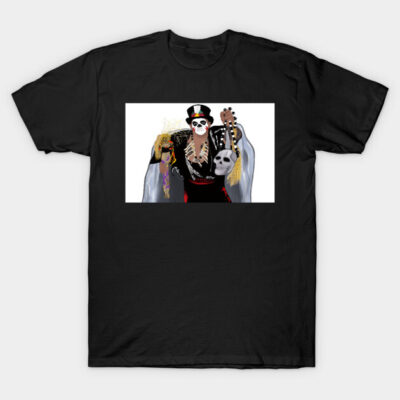 Black t-shirt featuring a colorful skeleton musician graphic, ideal for casual wear or music enthusiasts.